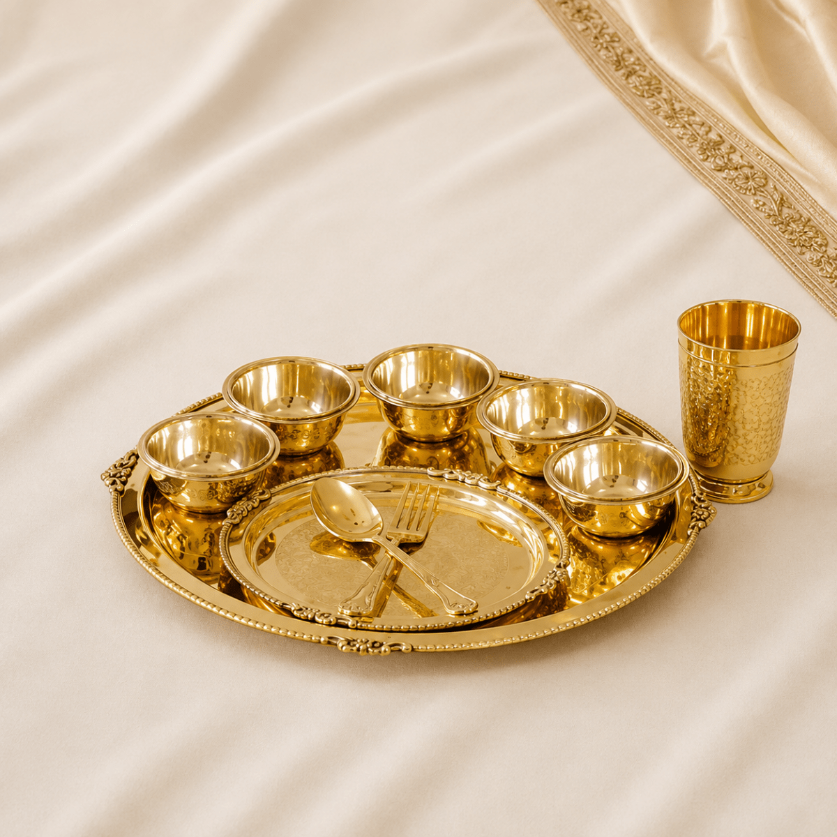 Maharaja 10 Pcs Brass Dinner Set – Etched Gold Pital Dinnerware - Royalstuffs.com