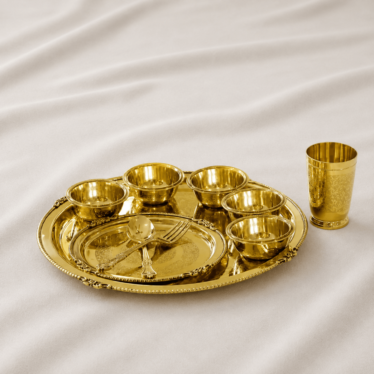 Maharaja 10 Pcs Brass Dinner Set – Etched Gold Pital Dinnerware - Royalstuffs.com