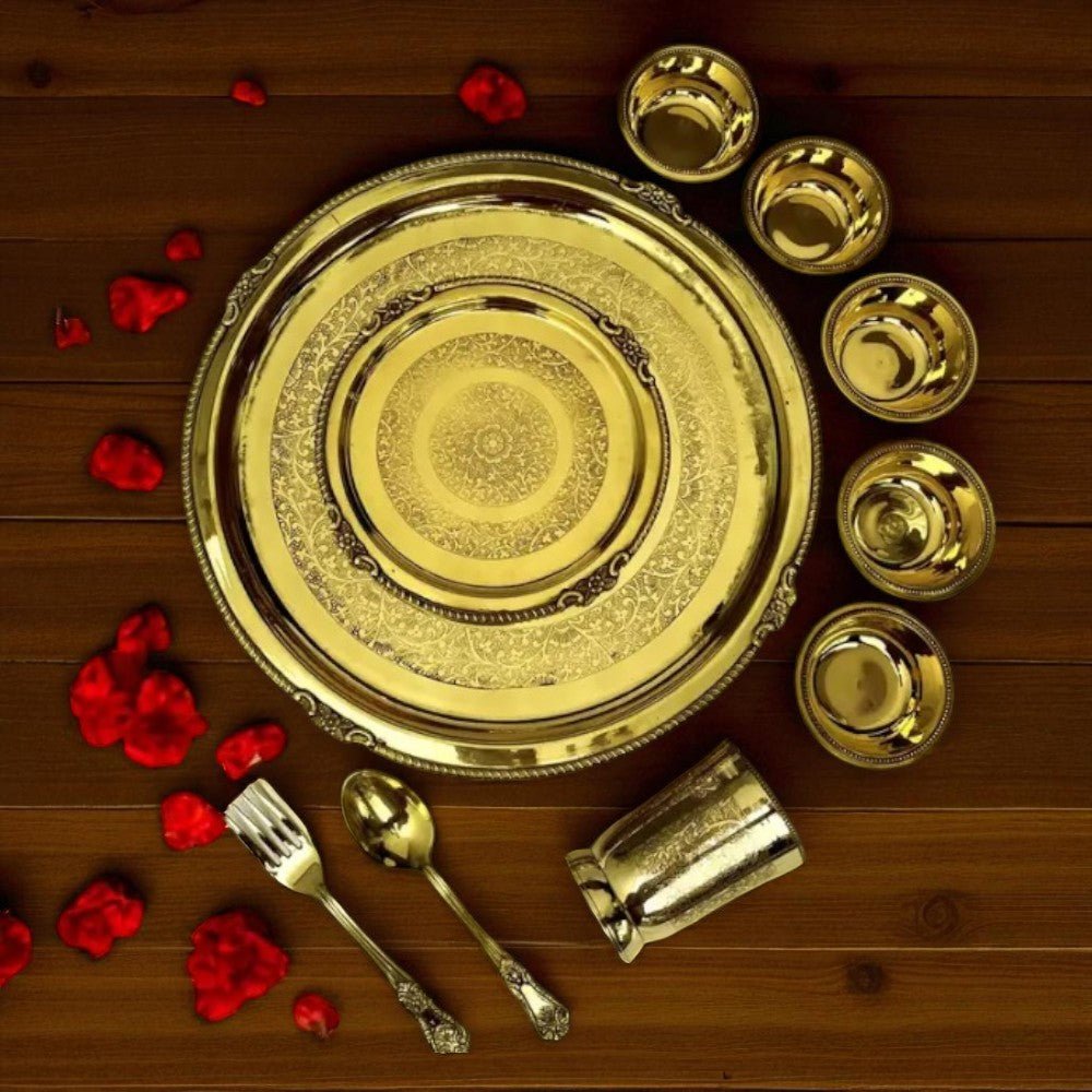 Maharaja 10 Pcs Brass Dinner Set – Etched Gold Pital Dinnerware - Royalstuffs.com