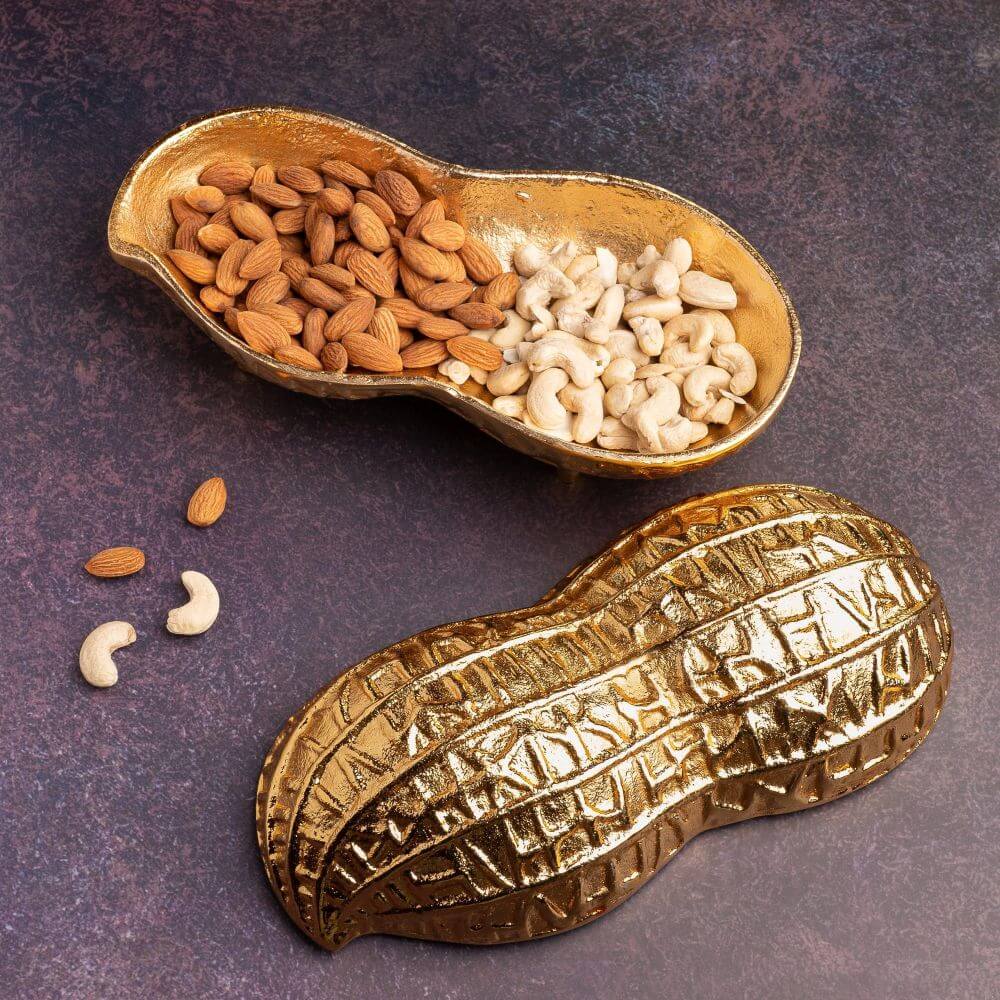 Metal Crafted Peanut/Mumfali Design Serving Bowl in Golden Color - Royalstuffs.com