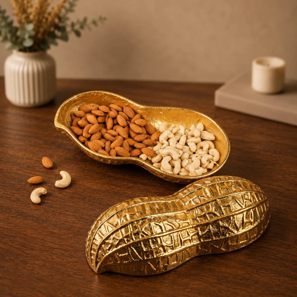 Metal Crafted Peanut/Mumfali Design Serving Bowl in Golden Color - Royalstuffs.com