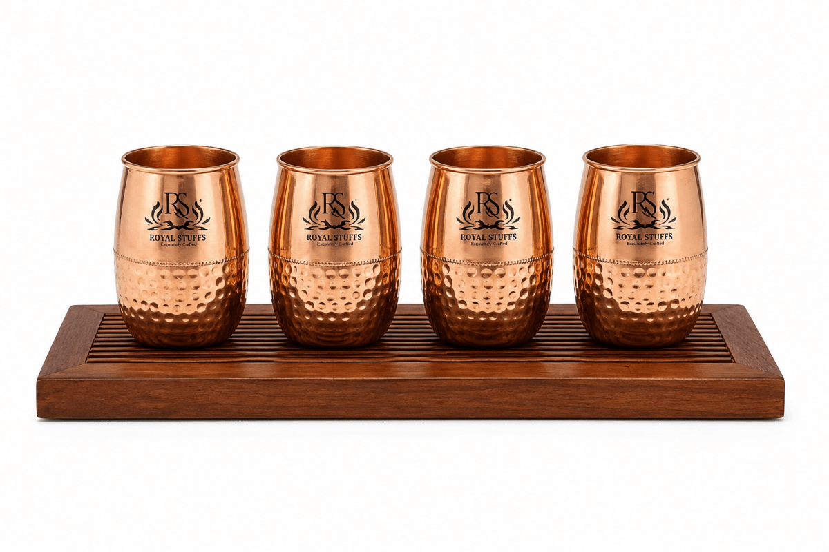 Metal Dholak Shaped Copper Water Glass 100% Pure Tamba Glass BPA Free for Drinking & Serving Set of 4 Piece(200ml) - Royalstuffs.com