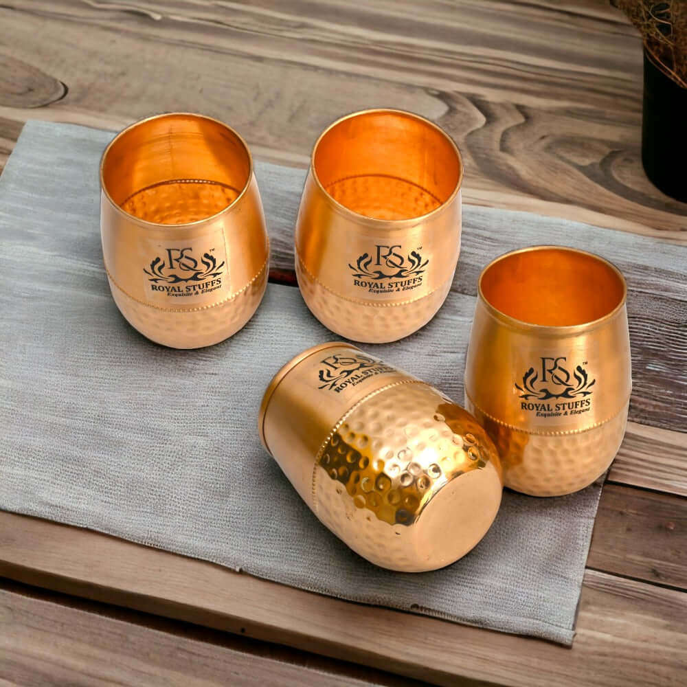 Metal Dholak Shaped Copper Water Glass 100% Pure Tamba Glass BPA Free for Drinking & Serving Set of 4 Piece(200ml) - Royalstuffs.com