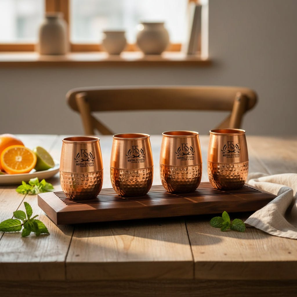 Metal Dholak Shaped Copper Water Glass 100% Pure Tamba Glass BPA Free for Drinking & Serving Set of 4 Piece(200ml) - Royalstuffs.com