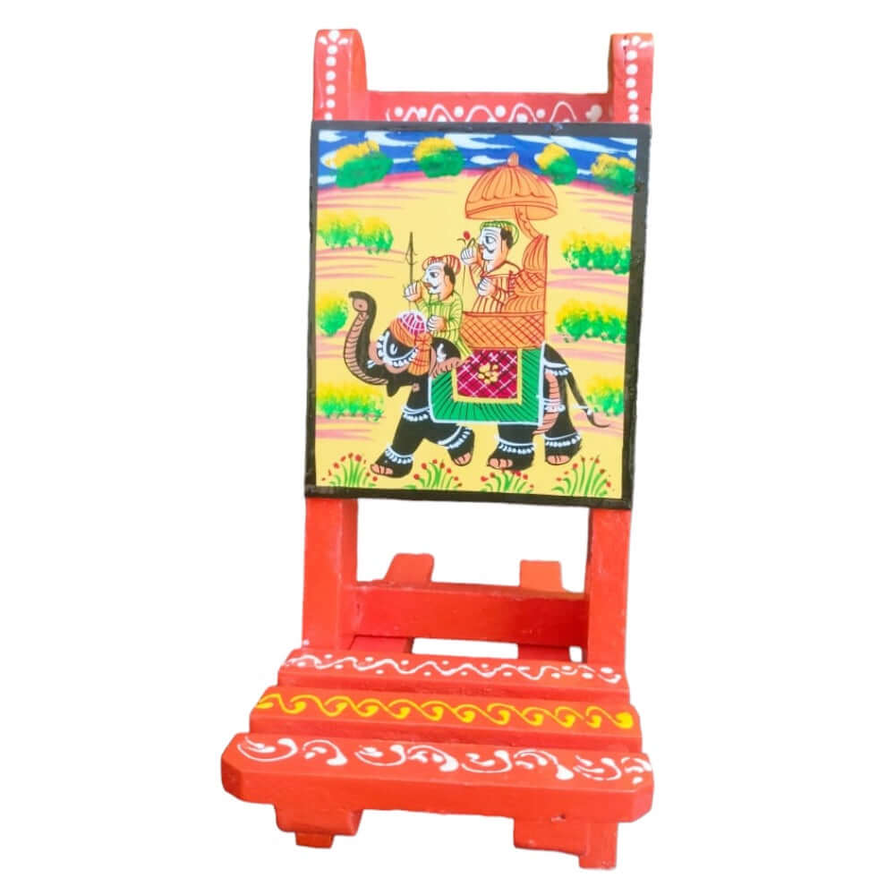 Mobile Stand Wooden Hand Painted Vintage Traditional Indian Design - Compatible with All Phones. Color: Orange - Royalstuffs.com