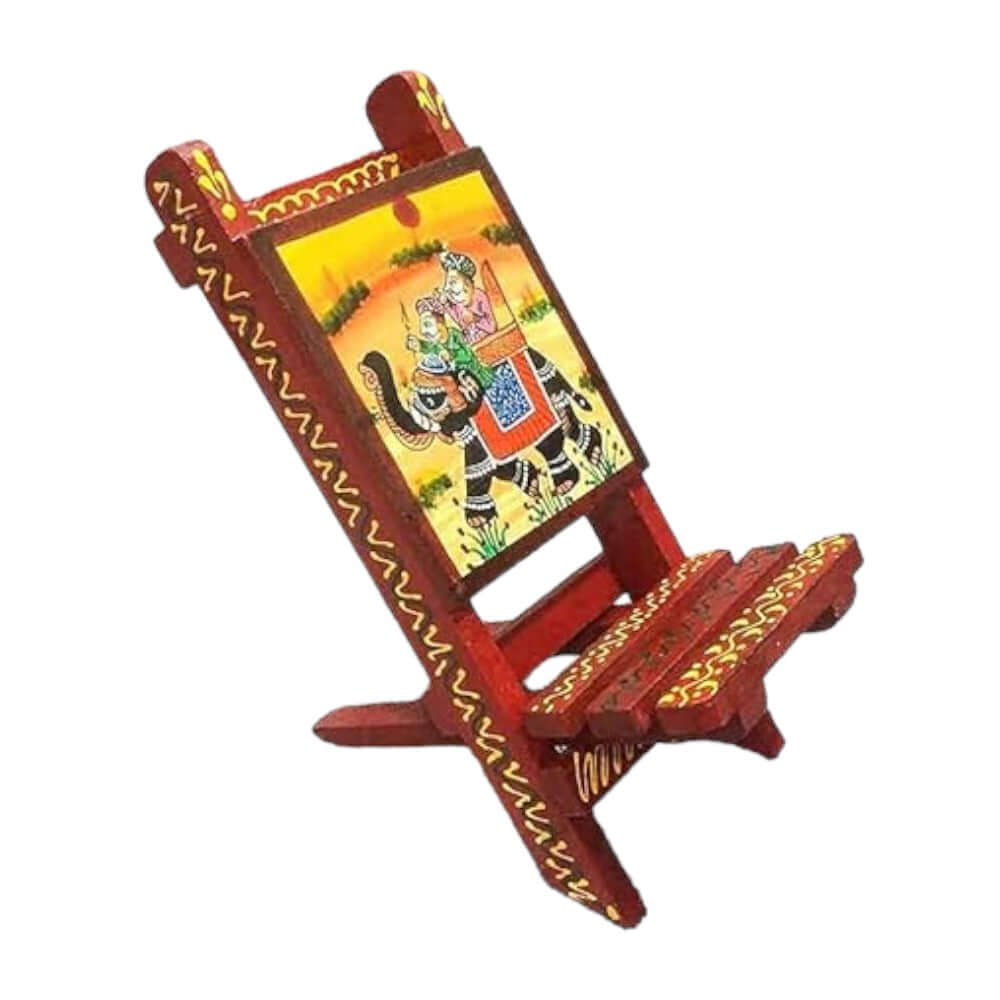 Mobile Stand Wooden Hand Painted Vintage Traditional Indian Design - Compatible with All Phones. Color: Orange - Royalstuffs.com