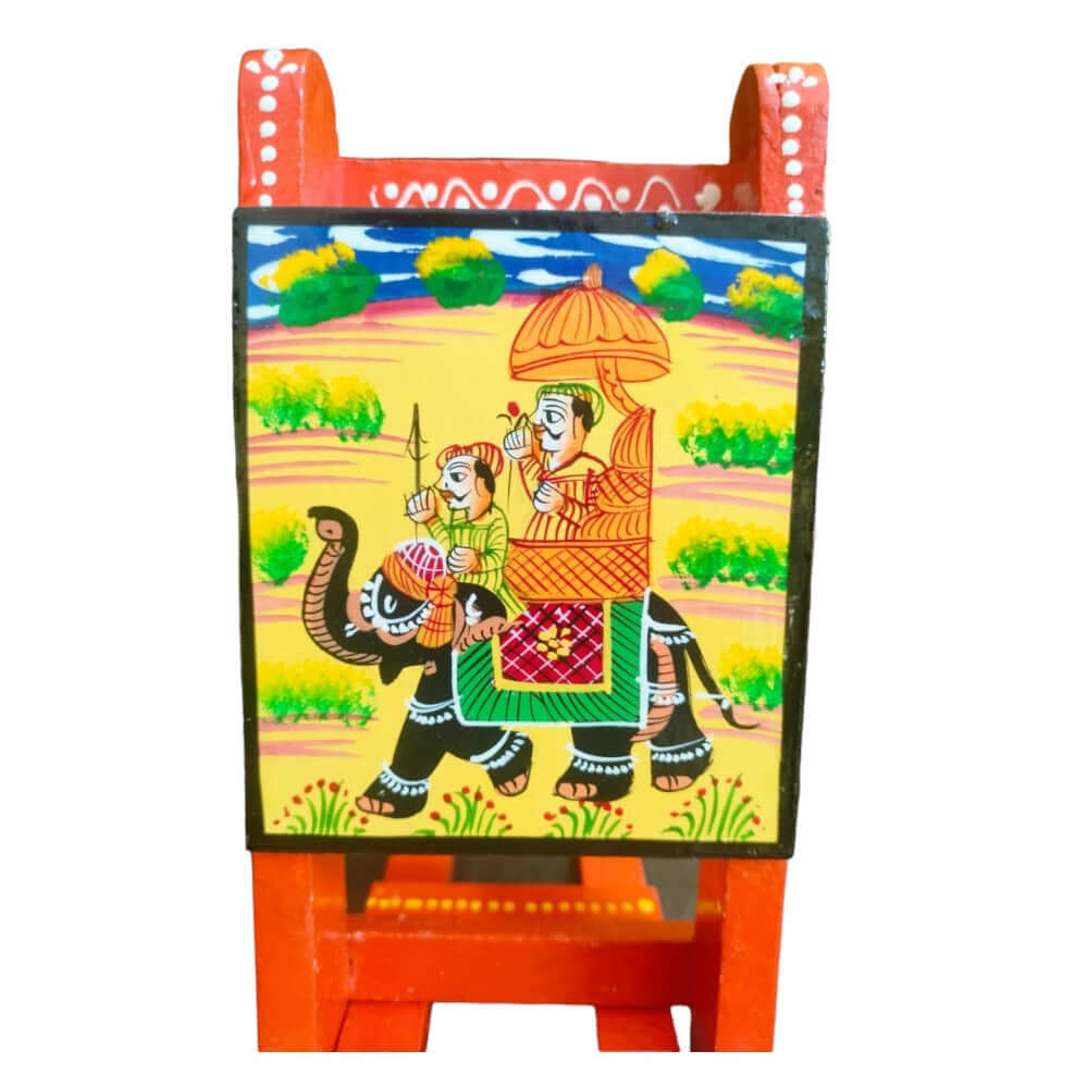 Mobile Stand Wooden Hand Painted Vintage Traditional Indian Design - Compatible with All Phones. Color: Orange - Royalstuffs.com