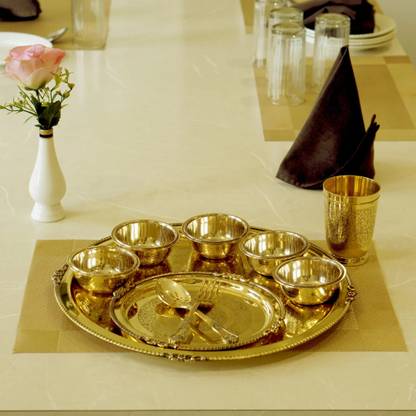 Maharaja 10 Pcs Brass Dinner Set – Etched Gold Pital Dinnerware