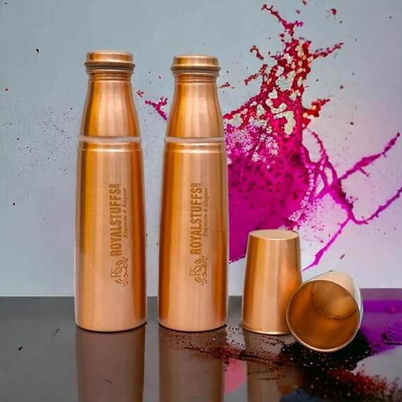 Pack of 2 Copper Water Bottle 1LTR Extra Large - an Ayurvedic Pure Copper Vessel- Helps to Drink More Water, Lower Your Sugar Intake and Enjoy The Health Benefits - Gift Pack - Royalstuffs.com
