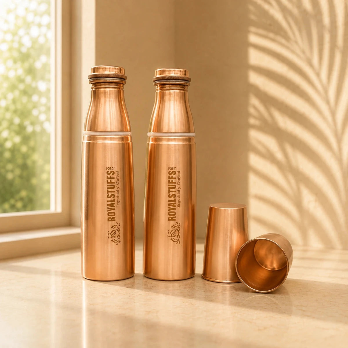 Pack of 2 Copper Water Bottle 1LTR Extra Large - an Ayurvedic Pure Copper Vessel- Helps to Drink More Water, Lower Your Sugar Intake and Enjoy The Health Benefits - Gift Pack - Royalstuffs.com