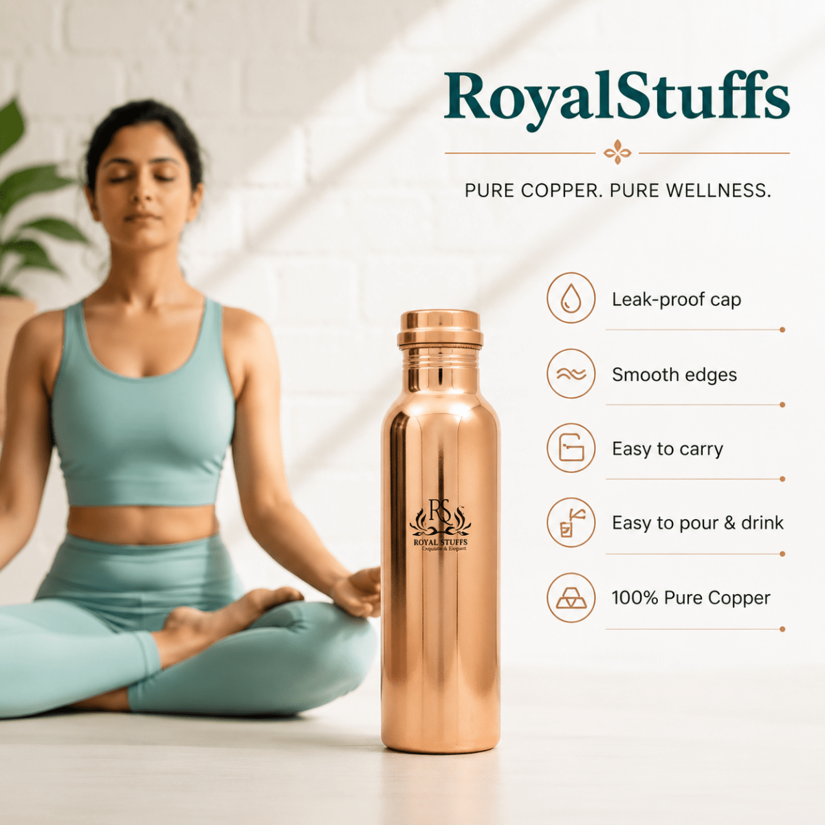 Plain Shine Copper Water Bottle 900ML - Royalstuffs.com