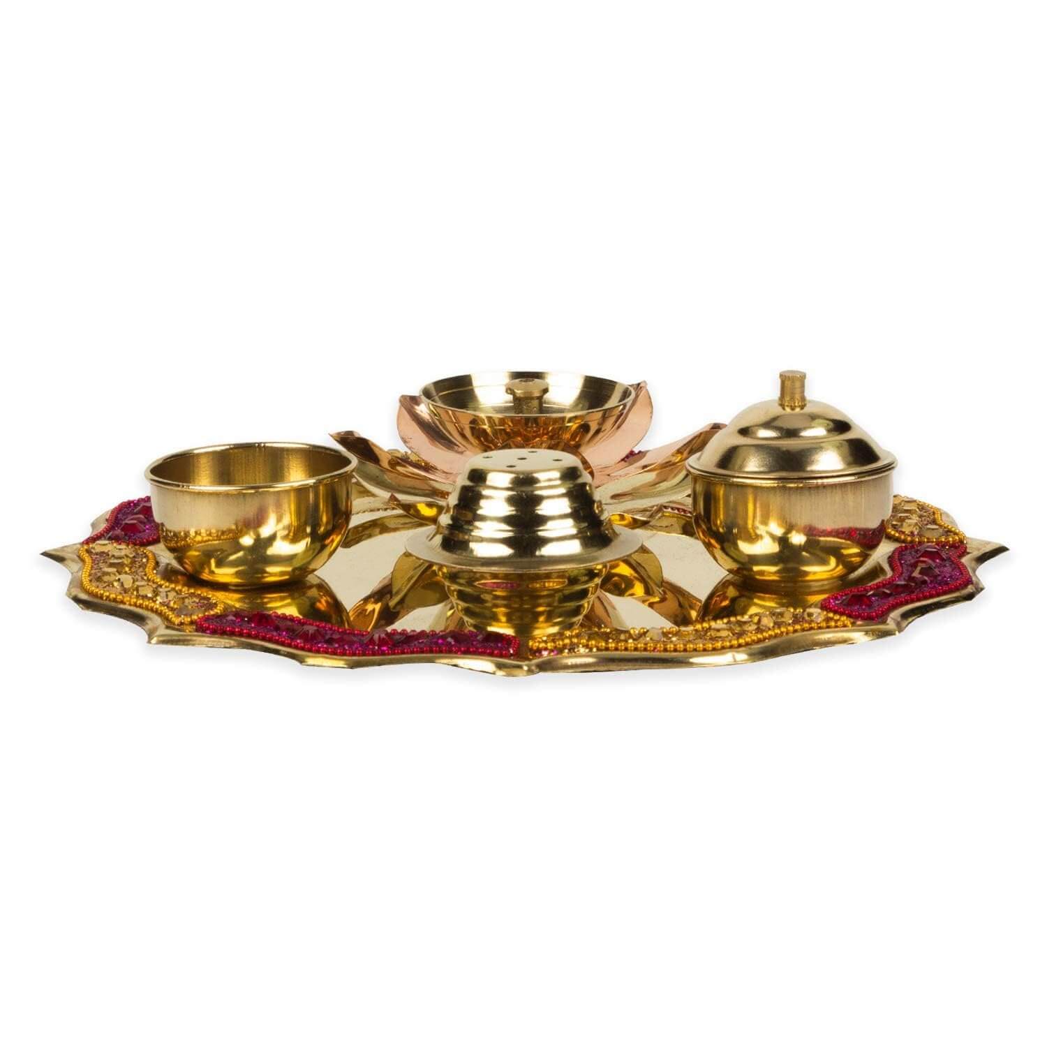 Pooja Thali Set Combo with Agarbatti Holder, Aarti Diya, Roli Holder & Akshat Holder for Mandir, Home, Diwali and Special Occasions (8 Inch) - Royalstuffs.com