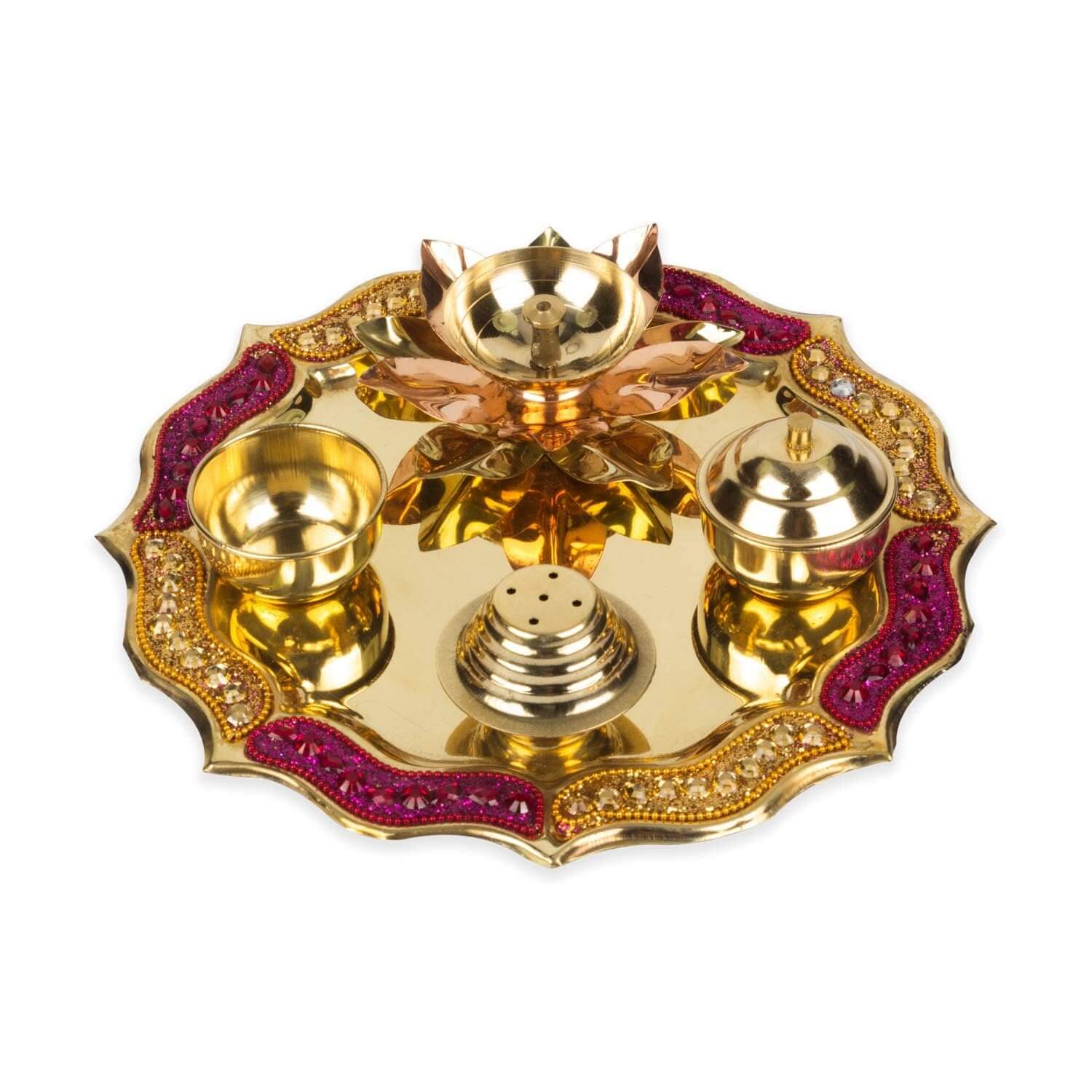 Pooja Thali Set Combo with Agarbatti Holder, Aarti Diya, Roli Holder & Akshat Holder for Mandir, Home, Diwali and Special Occasions (8 Inch) - Royalstuffs.com
