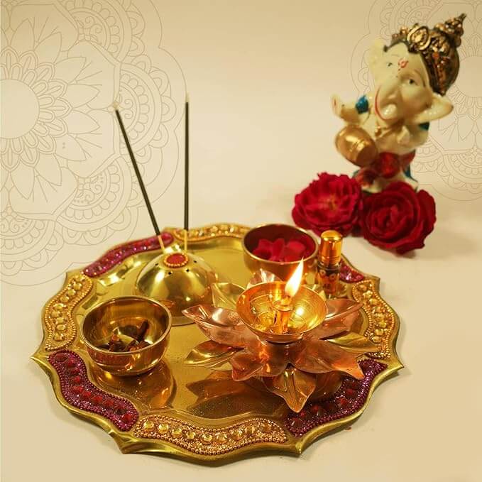 Pooja Thali Set Combo with Agarbatti Holder, Aarti Diya, Roli Holder & Akshat Holder for Mandir, Home, Diwali and Special Occasions (8 Inch) - Royalstuffs.com