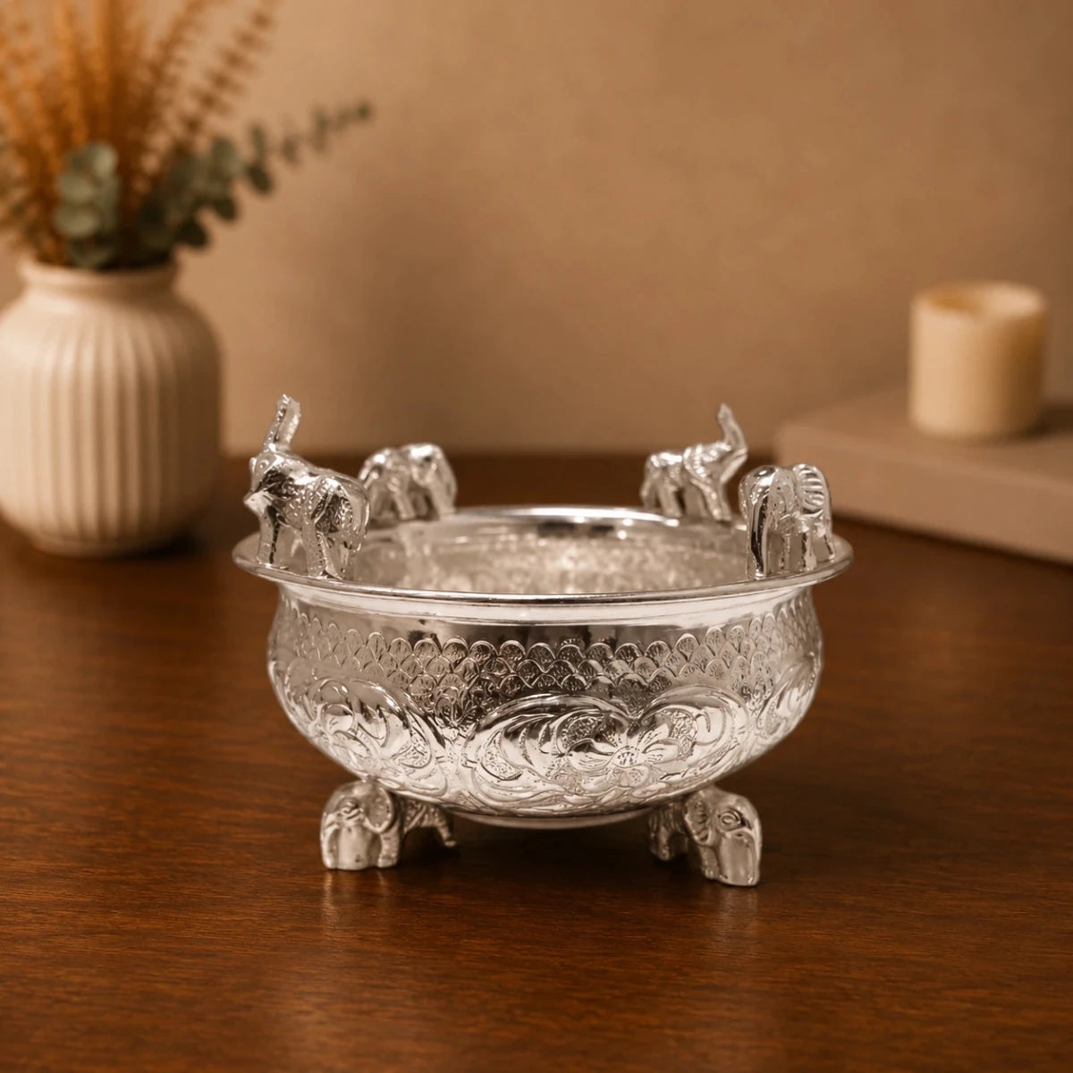 Premium Silver Polished Brass Elephant Urli in Blue Velvet Gift Box - Royalstuffs.com