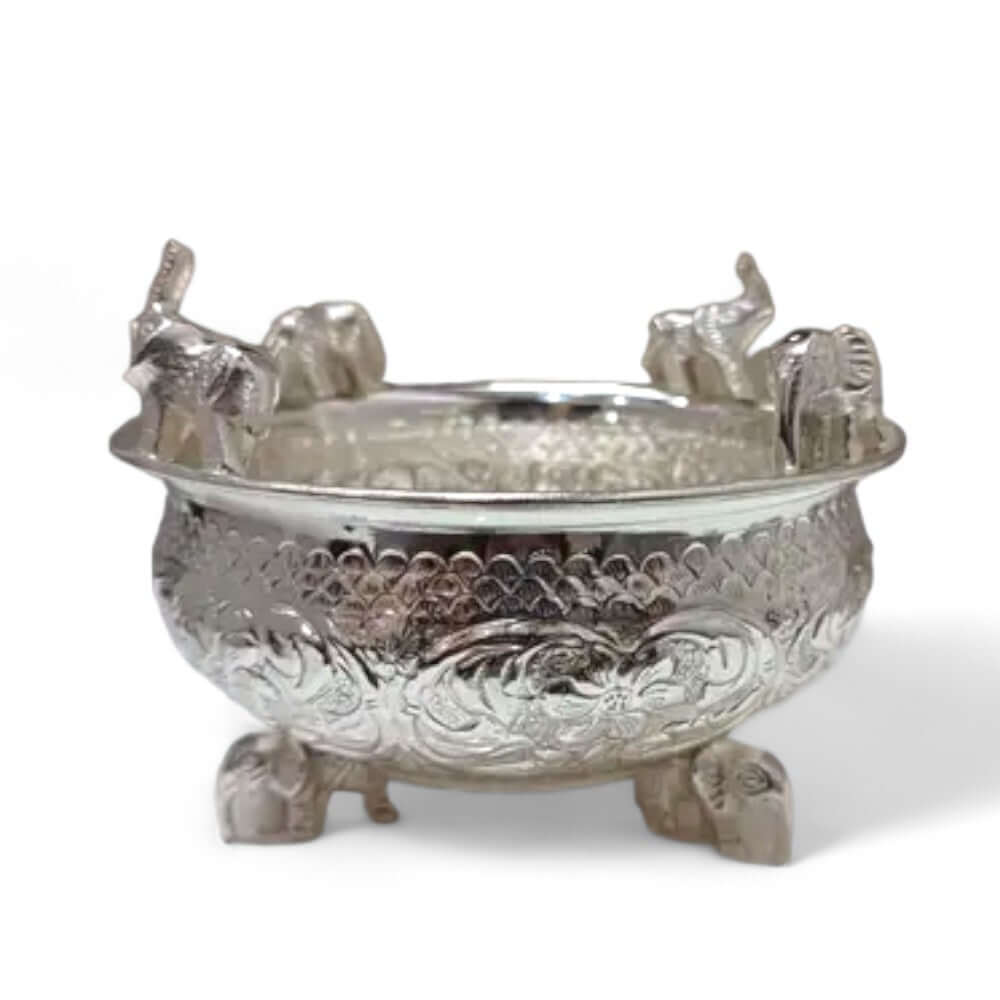 Premium Silver Polished Brass Elephant Urli in Blue Velvet Gift Box - Royalstuffs.com