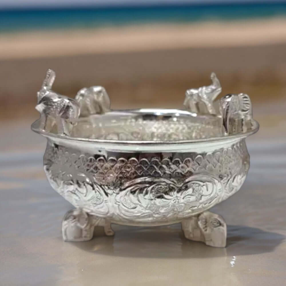 Premium Silver Polished Brass Elephant Urli in Blue Velvet Gift Box - Royalstuffs.com