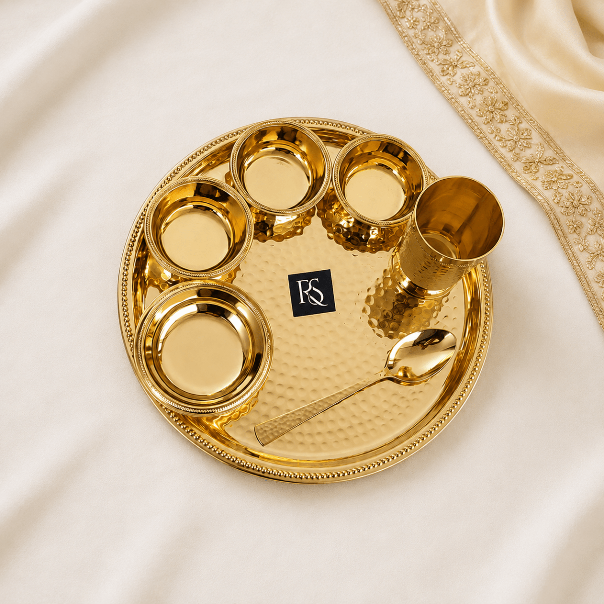 Pure Brass Hammered 7-Piece Dinner Set / Thali Set with Beaded Line Design - Royalstuffs.com