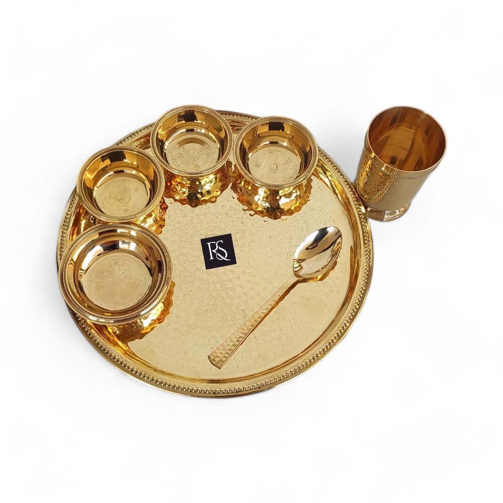 Pure Brass Hammered 7-Piece Dinner Set / Thali Set with Beaded Line Design - Royalstuffs.com