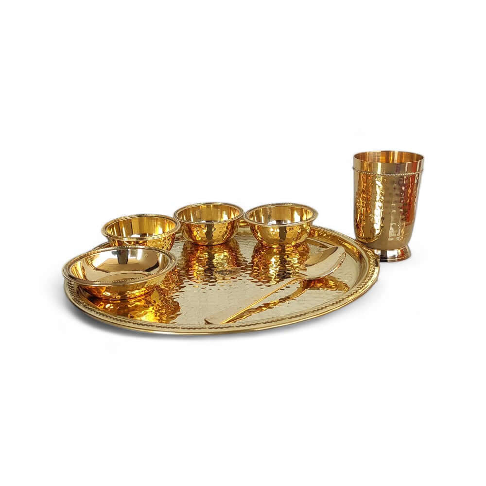 Pure Brass Hammered 7-Piece Dinner Set / Thali Set with Beaded Line Design - Royalstuffs.com