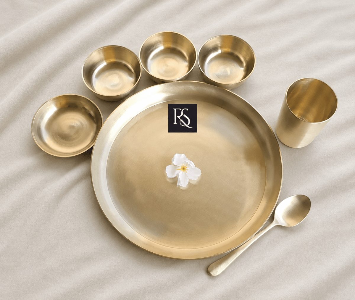 Pure Brass Matt Finish 7-Piece Dinner Set / Thali Set - Royalstuffs.com