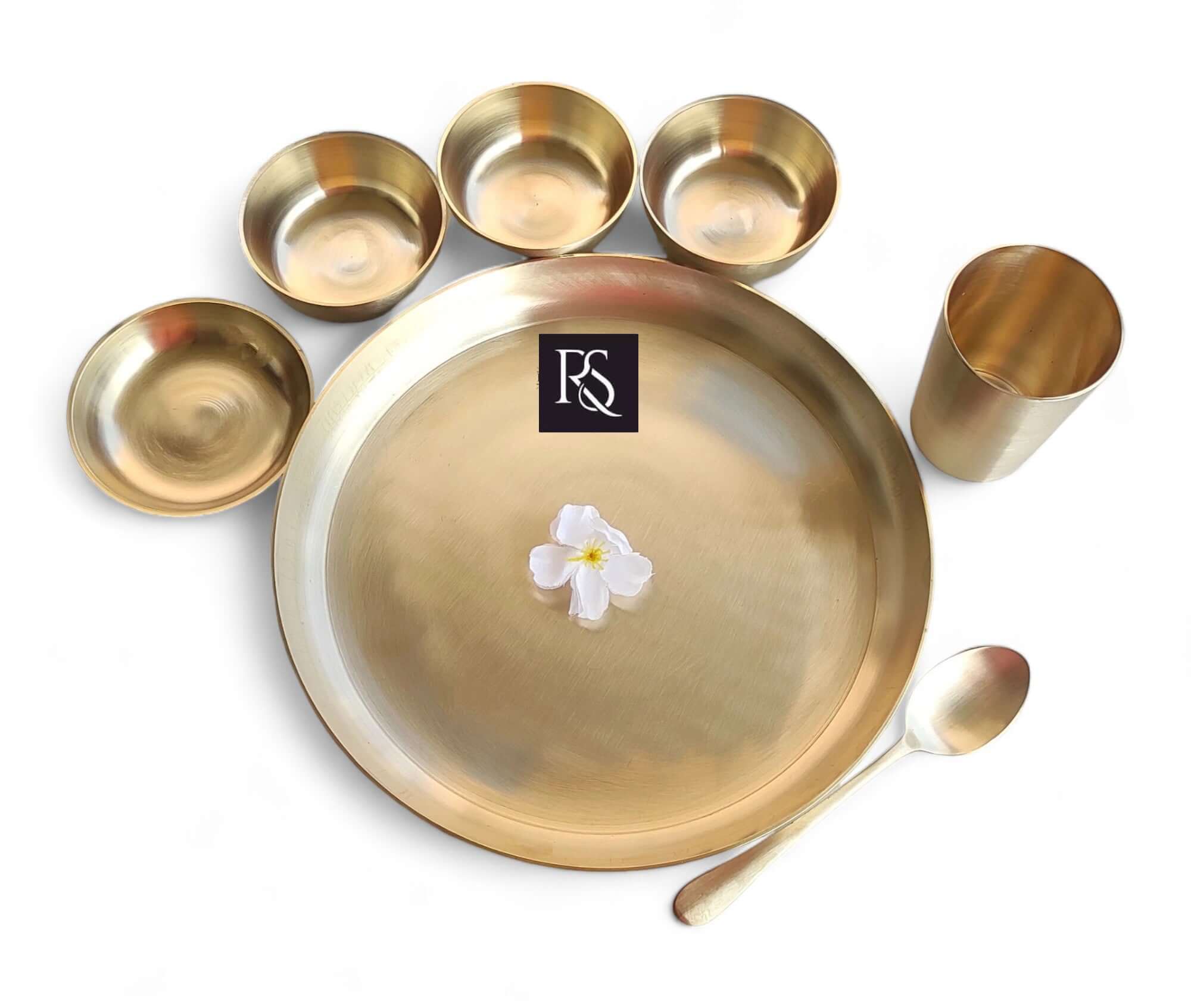 Pure Brass Matt Finish 7-Piece Dinner Set / Thali Set - Royalstuffs.com