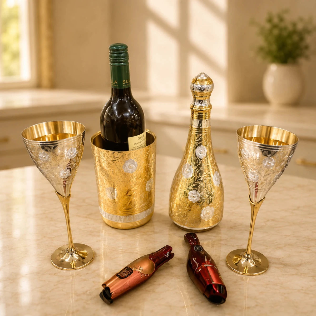 Pure Brass Royal Champagne Bottle – Hand Carved Big Size 16 Inch Decorative Showpiece - Royalstuffs.com