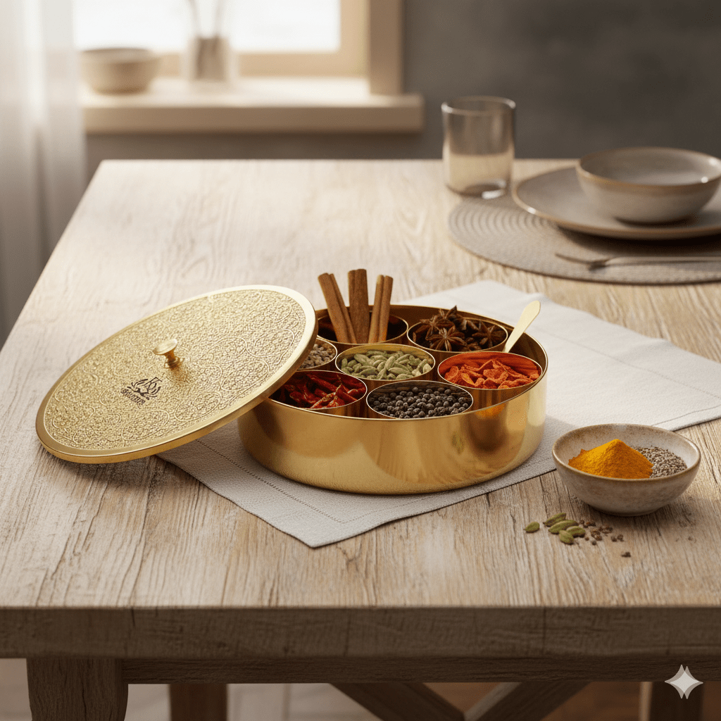 Pure Brass Spice Box (Masala Dani) Set With 1 Spoon And 7 Containers For Kitchen - Royalstuffs.com