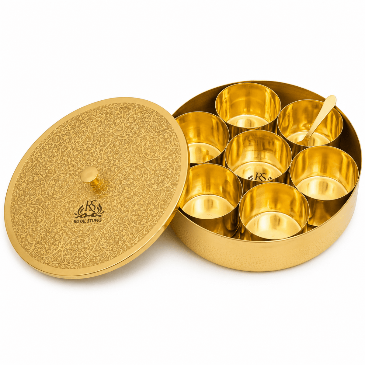 Pure Brass Spice Box (Masala Dani) Set With 1 Spoon And 7 Containers For Kitchen - Royalstuffs.com