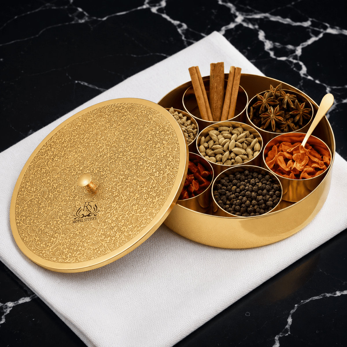Pure Brass Spice Box (Masala Dani) Set With 1 Spoon And 7 Containers For Kitchen - Royalstuffs.com
