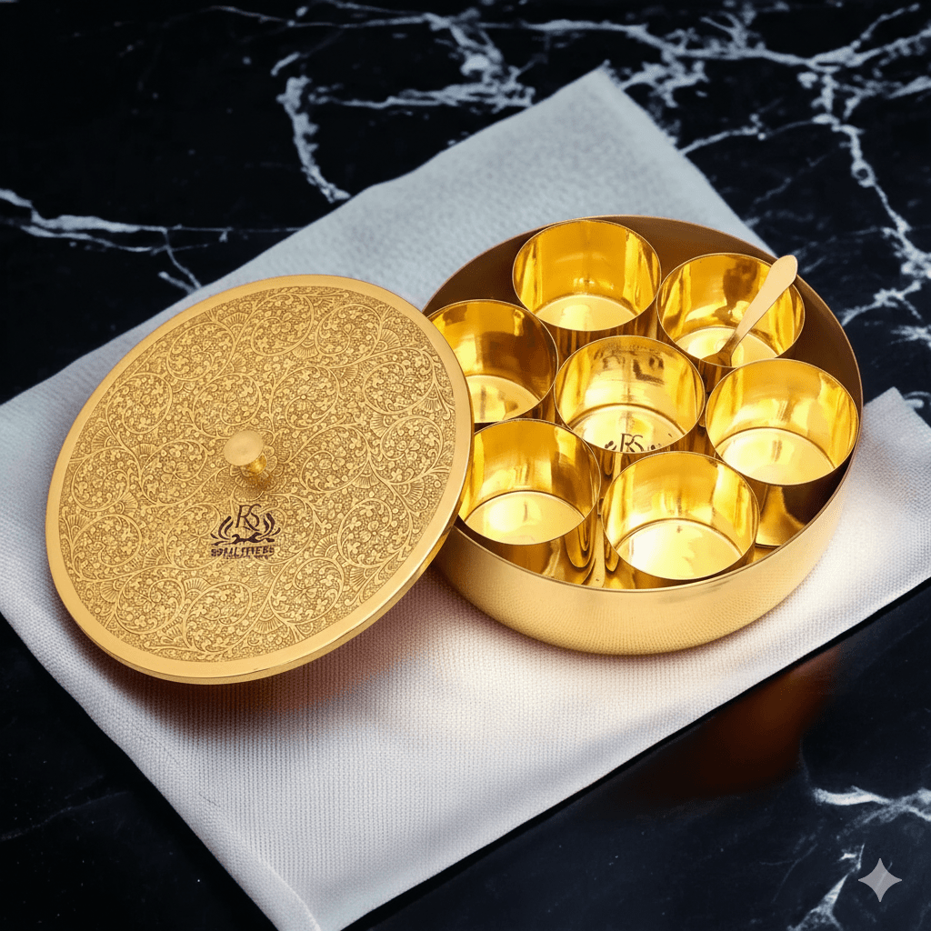 Pure Brass Spice Box (Masala Dani) Set With 1 Spoon And 7 Containers For Kitchen - Royalstuffs.com