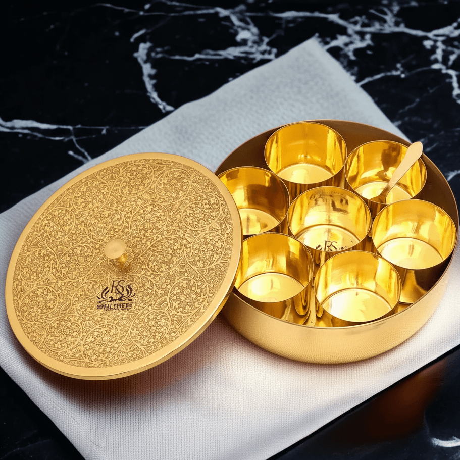 Pure Brass Spice Box (Masala Dani) Set With 1 Spoon And 7 Containers For Kitchen - Royalstuffs.com