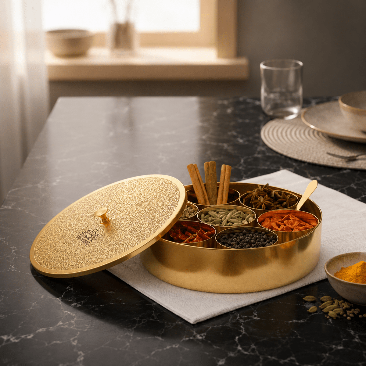 Pure Brass Spice Box (Masala Dani) Set With 1 Spoon And 7 Containers For Kitchen - Royalstuffs.com