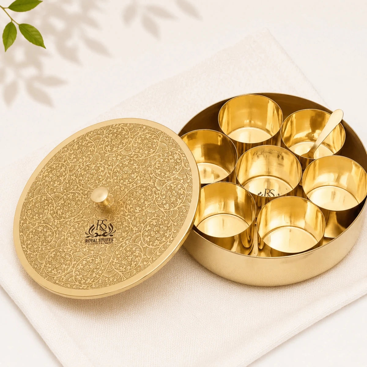 Pure Brass Spice Box (Masala Dani) Set With 1 Spoon And 7 Containers For Kitchen - Royalstuffs.com