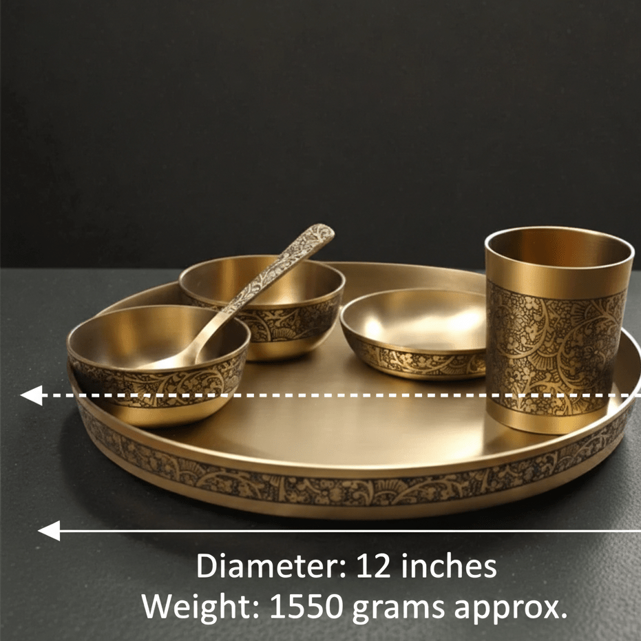 Pure Kansa Dinner Set – 6 Pieces | 12 Inch Matt Embossed Designer Thali - Royalstuffs.com