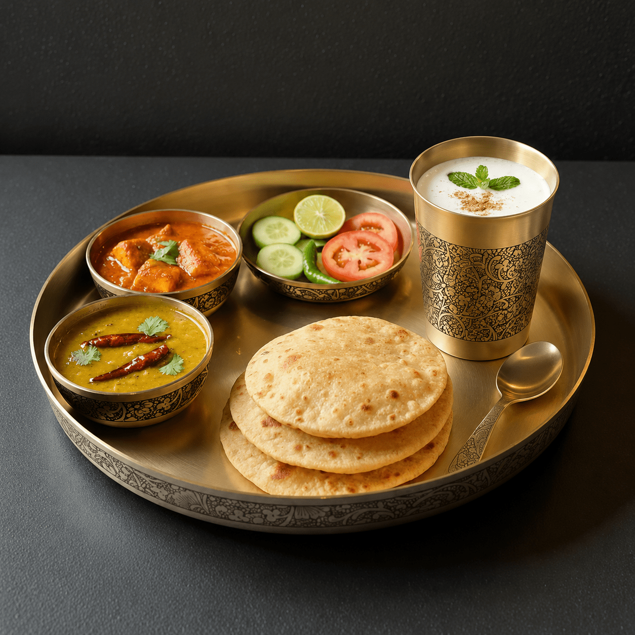 Pure Kansa Dinner Set – 6 Pieces | 12 Inch Matt Embossed Designer Thali - Royalstuffs.com