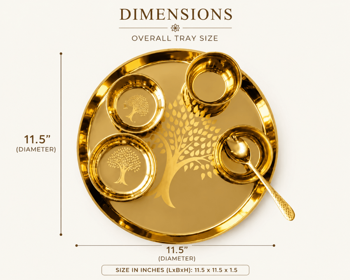Pure Kansa Thali Set – 6 Piece | Designer Tree Engraved Bronze - Royalstuffs.com