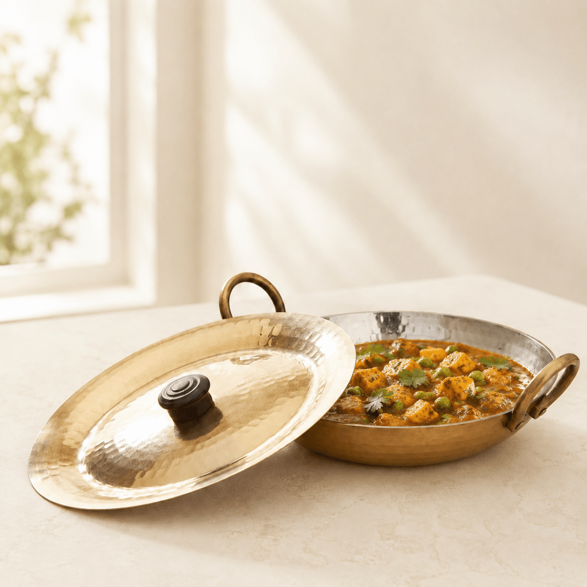Round Base Handmade Brass Kadhai with Tin (Kalai) Coating & Brass Lid - Royalstuffs.com