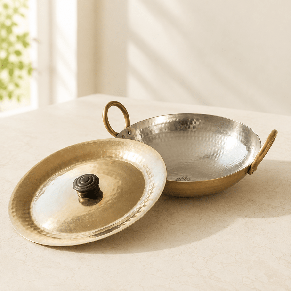 Round Base Handmade Brass Kadhai with Tin (Kalai) Coating & Brass Lid - Royalstuffs.com