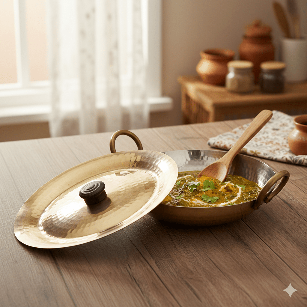 Round Base Handmade Brass Kadhai with Tin (Kalai) Coating & Brass Lid - Royalstuffs.com