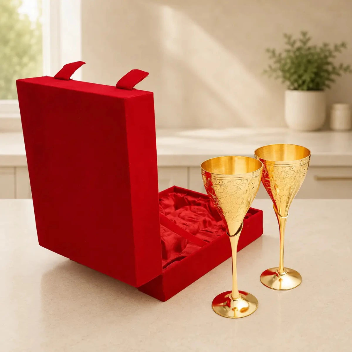 Royal Brass Wine Glass Drink Ware Set of 2 for Home, Clubs (Golden) - Royalstuffs.com