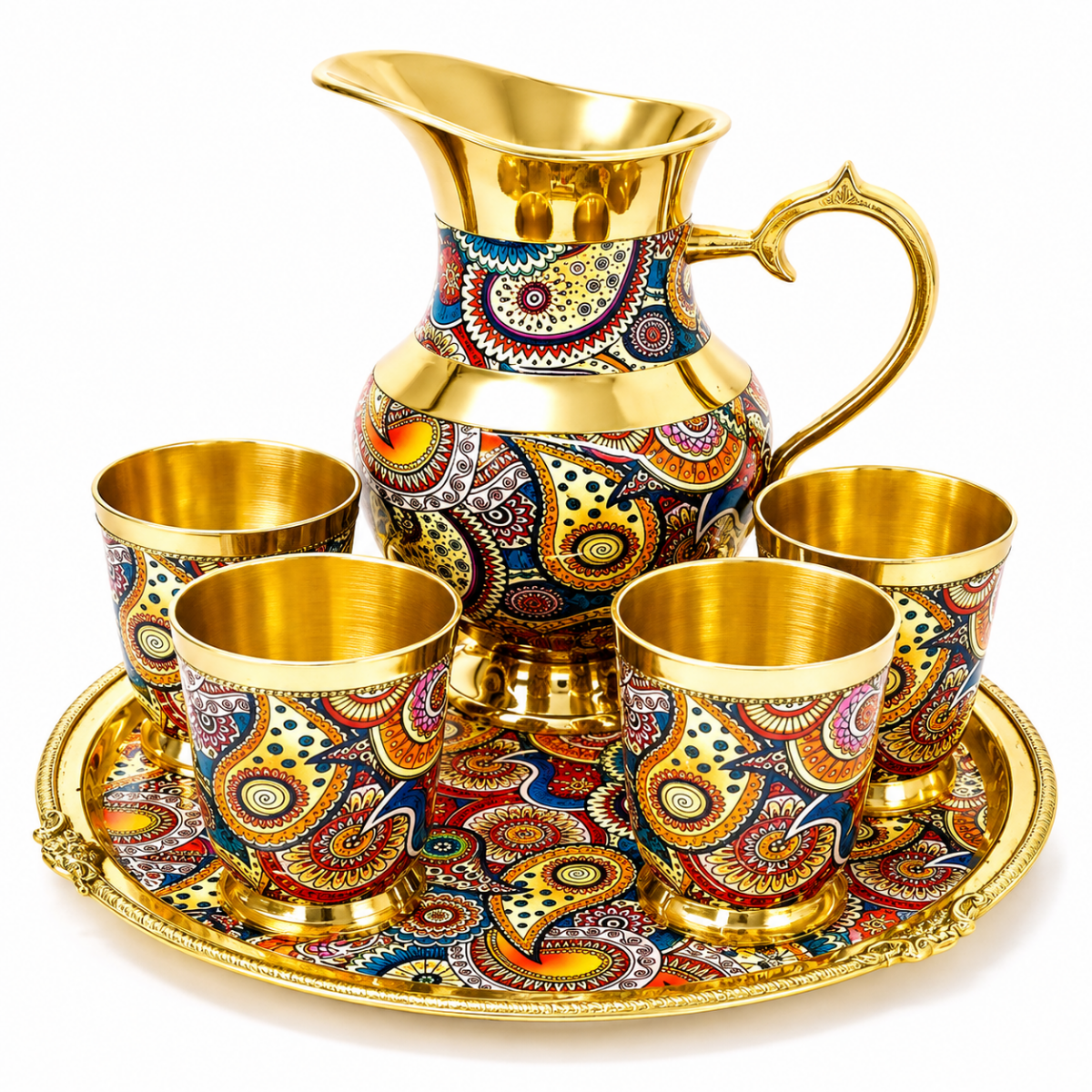 Royal Golden Steel Jug Glass Tray Set | Handcrafted Flower Lemon Set | Designer Drinkware - Royalstuffs.com