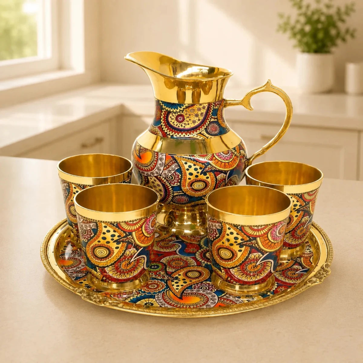 Royal Golden Steel Jug Glass Tray Set | Handcrafted Flower Lemon Set | Designer Drinkware - Royalstuffs.com