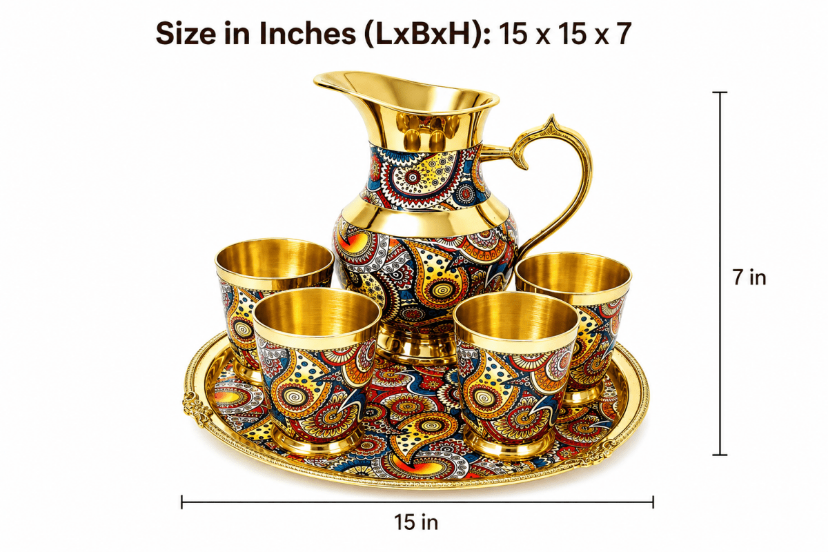 Royal Golden Steel Jug Glass Tray Set | Handcrafted Flower Lemon Set | Designer Drinkware - Royalstuffs.com