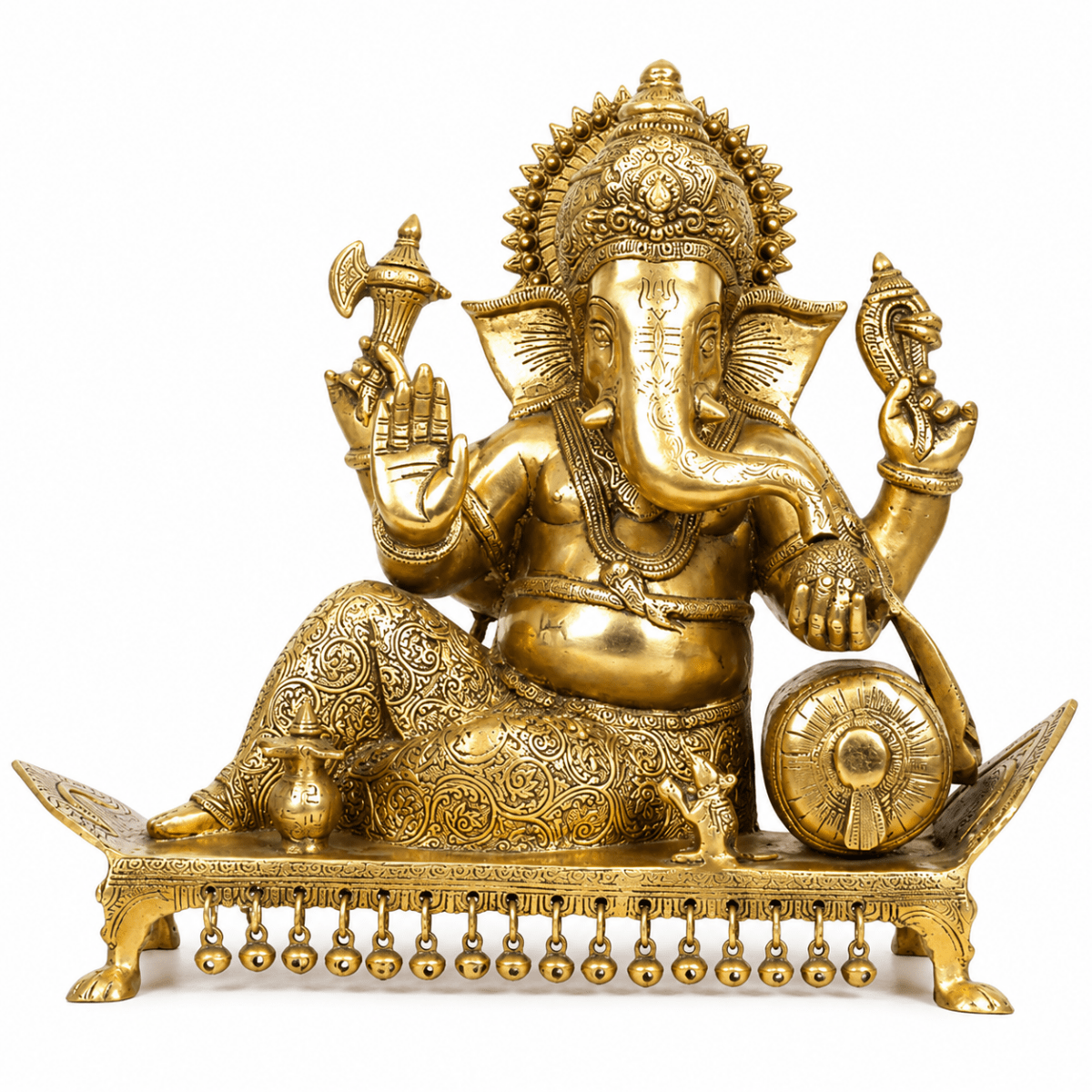 Royal India Brass Lord Ganesha Sitting on Chowki – Golden Polish – 15", Weight:14.5Kg - Royalstuffs.com