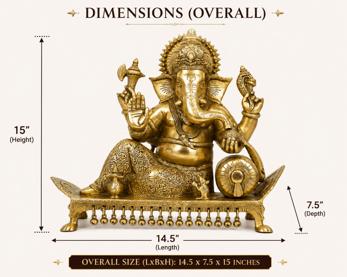 Royal India Brass Lord Ganesha Sitting on Chowki – Golden Polish – 15", Weight:14.5Kg - Royalstuffs.com