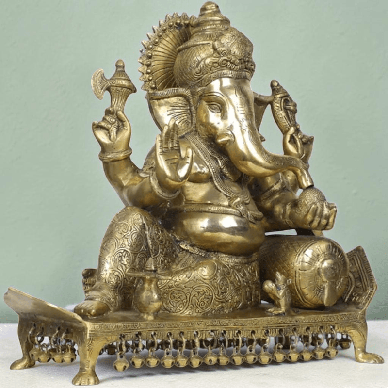 Royal India Brass Lord Ganesha Sitting on Chowki – Golden Polish – 15", Weight:14.5Kg - Royalstuffs.com