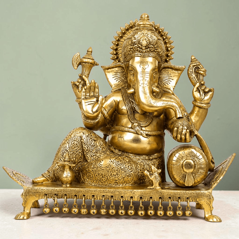 Royal India Brass Lord Ganesha Sitting on Chowki – Golden Polish – 15", Weight:14.5Kg - Royalstuffs.com
