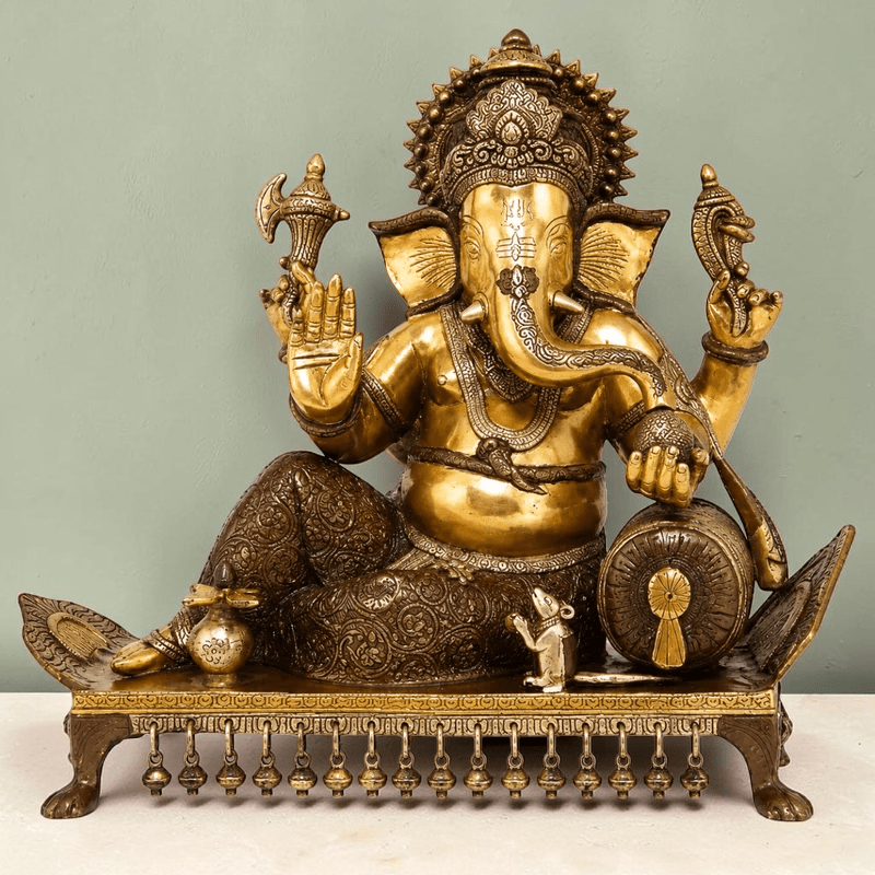 Royal India Brass Lord Ganesha Sitting on Chowki, Height: 15",Weight:14.5 Kg. - Royalstuffs.com