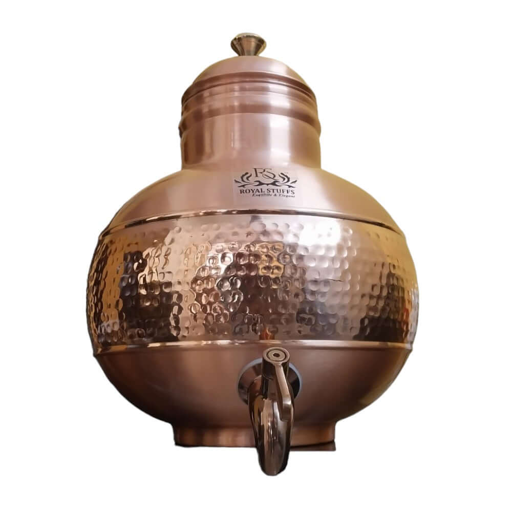 Front View of 5 Litre Pure Copper Matka Water Dispenser with Brass Tap and Hammered Finish